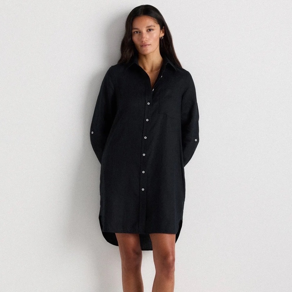 Quince European Linen Long Sleeve Shirt Dress Large Black